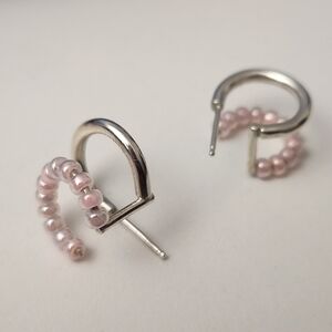 Delicate Pink Beaded Hoop Earrings - Silver Accent